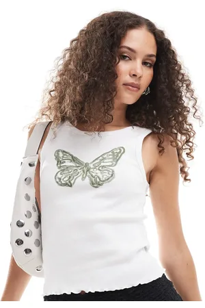 Noisy May Lettuce hem tank top with butterfly print in