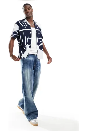 JACK & JONES Premium cotton revere collar shirt in abstract print in