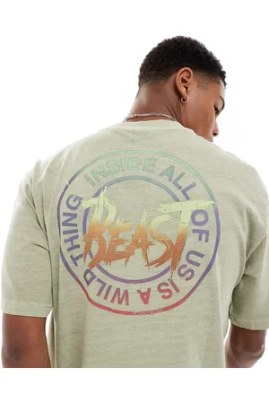 Only & Sons Relaxed fit T-shirt with retro beast back print in washed khaki