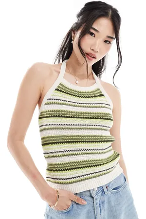 ONLY Knitted halter neck top in beige & green stripe