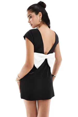 EVER NEW Cap sleeve contrast bow back mini dress in black
