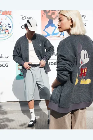 ASOS Disney unisex oversized wool bomber jacket with Mickey Mouse prints in