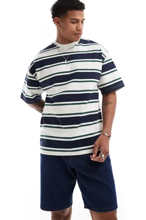 SELECTED Oversized heavy weight T-shirt in cream green navy stripe