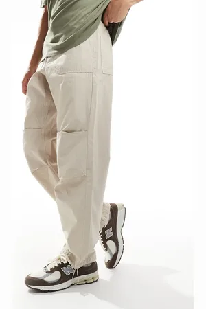 SELECTED Loose fit elastic waistband ripstop pants in stone