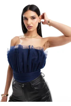 Lace & Beads Bandeau tulle bodysuit in midnight blue
