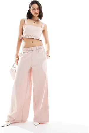 ASOS Wide leg pull on pants with button detail in washed