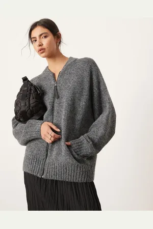 ASOS Compact knit zip through sweater in charcoal