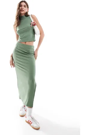 VERO MODA Ribbed column maxi skirt in sage - part of a set