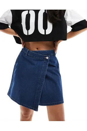 JDY High waist asymmetric denim skirt in mid