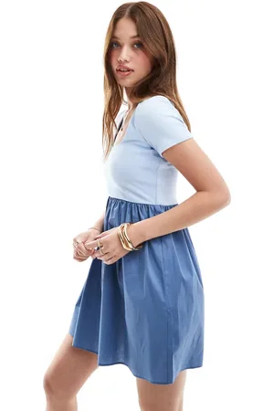 ASOS Full mini dress with ribbed contrast bodice in blue tones