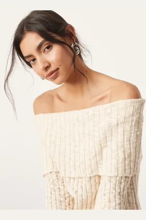 ASOS Knitted bardot layered long sleeve top in cream - part of a set
