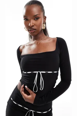 Kaiia Square neck contrast bow detail long sleeve top in - part of a set
