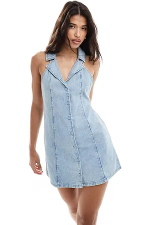 ASOS Soft denim halter neck mini dress in light wash
