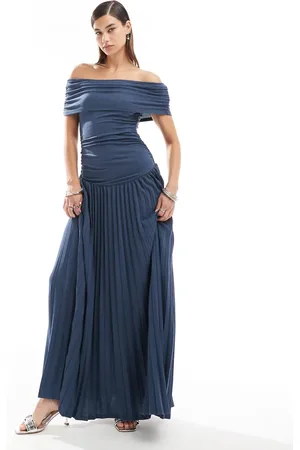 Lioness Knit ruched off the shoulder drop waist pleated maxi dress in