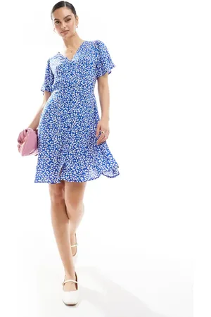 ONLY V-neck tie waist mini dress in dark floral