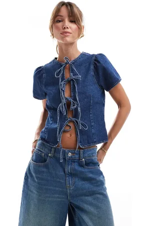 ASOS Denim short sleeve tie front top in mid