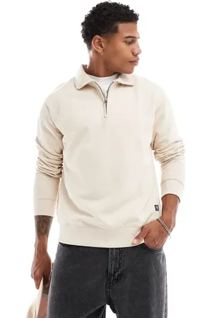 JACK & JONES Zip up sweatshirt fabric polo sweater in ecru