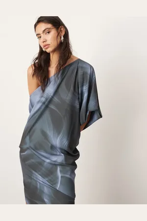 ASOS Satin slouchy off shoulder maxi dress in gray abstract print
