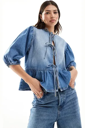 ASOS Puff sleeve denim blouse with tie front