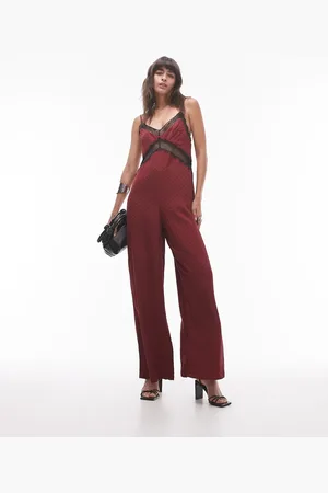 Topshop Midi jacquard jumpsuit in burgundy with black lace bust