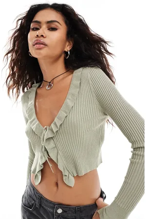 ONLY Long sleeve ruffle edge ribbed cardigan in sage