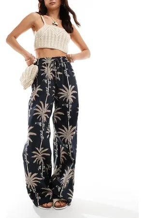 ASOS Tie waist wide leg pants with linen in palm print