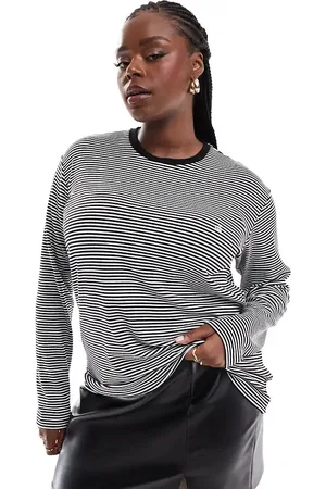 4th & Reckless Exclusive long sleeve embroidered logo top in black and white stripe