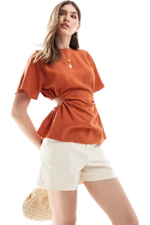 ASOS Linen blend tee with open back in rust