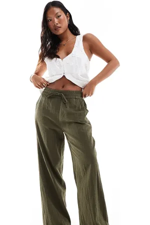 ONLY Linen texture wide leg pants in khaki