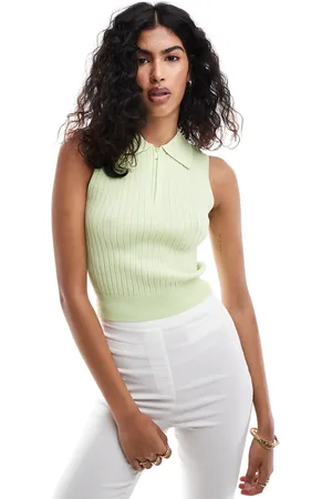 MANGO Sleeveless ribbed knitted polo top in lime