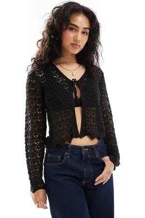 JDY Open knit front tie cardigan in