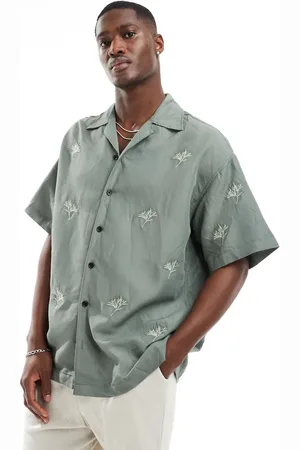 JACK & JONES Boxy fit camp collar shirt with flower embroidery in khaki