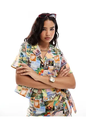 ASOS Linen look short sleeve shirt in postcard print - part of a set