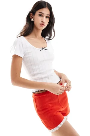 ONLY Contrast trim pointelle short sleeve top in