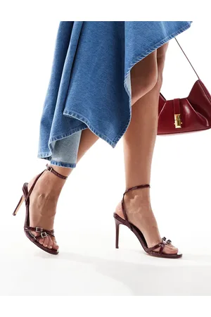 Public Desire Jenna mid heeled sandals in cherry patent with embellished buckles