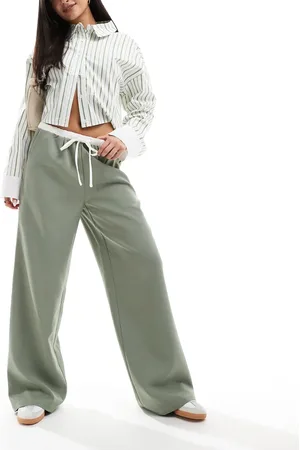 Kaiia Drawstring contrast waist wide leg pants in sage