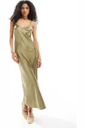 Miss Selfridge Satin lace trim maxi slip dress in khaki