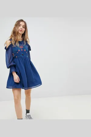 Glamorous Smock Dress With Cold Shoulder And Embroidery