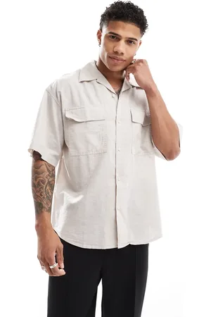 JACK & JONES Oversized utility pocket linen shirt in beige