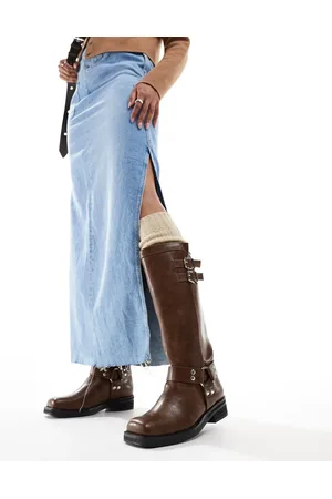Public Desire Sirus flat harness knee boots in tan