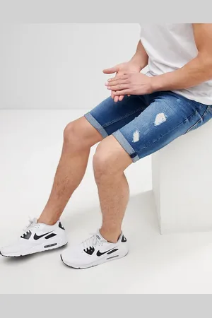 River Island DISC Denim Shorts With Open Rips In Mid Wash