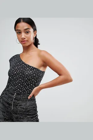 Flounce London Going Out One Shoulder Metallic Star Bodysuit