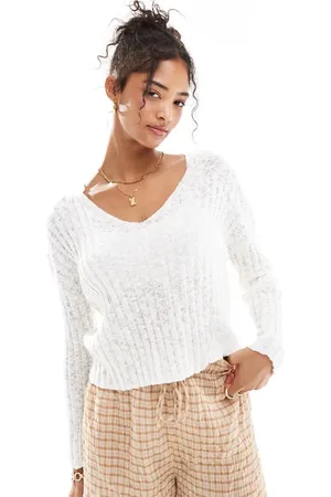 MANGO Open weave v neck sweater in