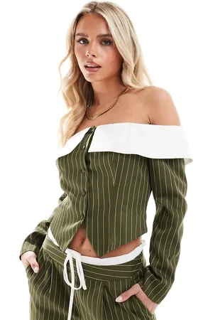 Extro & Vert Petite Longline corset bandeau blazer top in olive stripe - part of a set