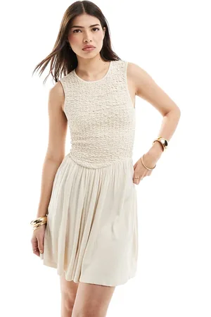 ASOS Crinkle racer neck mini dress with open back in stone