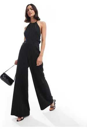 ASOS Halter tie up back jumpsuit in black and white stripe