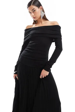 Lioness Knit ruched bardot long sleeve drop waist pleated maxi dress in