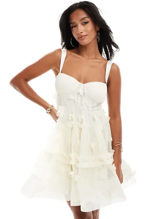 Lace & Beads Corset tulle mini dress with bow applique in vintage cream