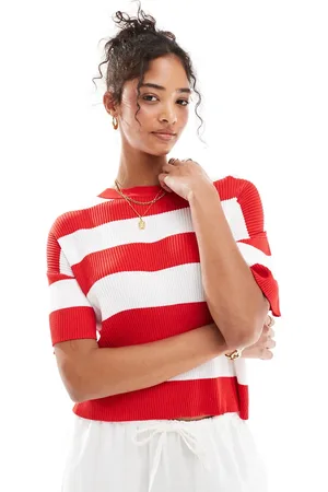 MANGO Stripe short sleeve knitted top in red and