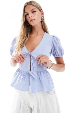 Bershka Poplin peplum tie detail top in stripe